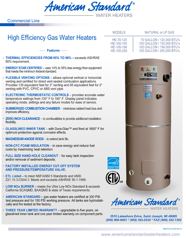 HE100150 American Standard 70 Gallon High Efficiency Commercial Gas